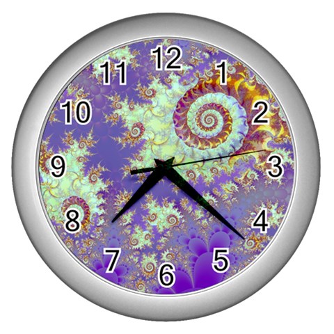 Sea Shell Spiral, Abstract Violet Cyan Stars Wall Clock (Silver) from ArtsNow.com Front