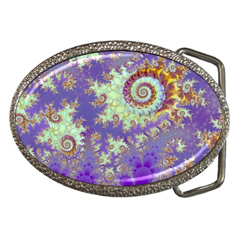 Sea Shell Spiral, Abstract Violet Cyan Stars Belt Buckle (Oval) from ArtsNow.com Front