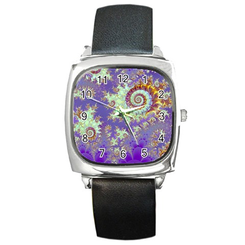 Sea Shell Spiral, Abstract Violet Cyan Stars Square Leather Watch from ArtsNow.com Front