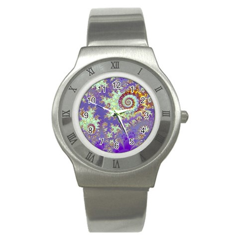 Sea Shell Spiral, Abstract Violet Cyan Stars Stainless Steel Watch (Slim) from ArtsNow.com Front