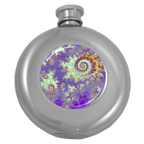 Sea Shell Spiral, Abstract Violet Cyan Stars Hip Flask (Round) from ArtsNow.com Front