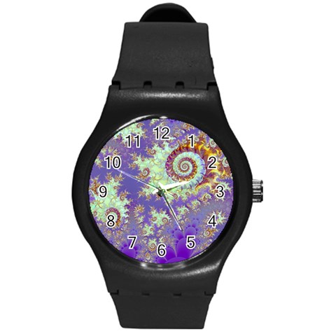 Sea Shell Spiral, Abstract Violet Cyan Stars Plastic Sport Watch (Medium) from ArtsNow.com Front