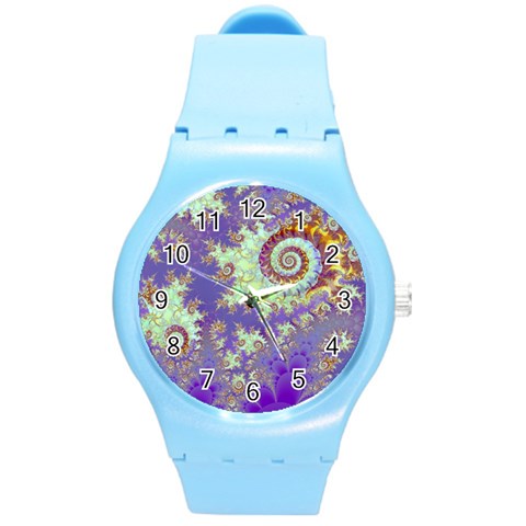 Sea Shell Spiral, Abstract Violet Cyan Stars Plastic Sport Watch (Medium) from ArtsNow.com Front