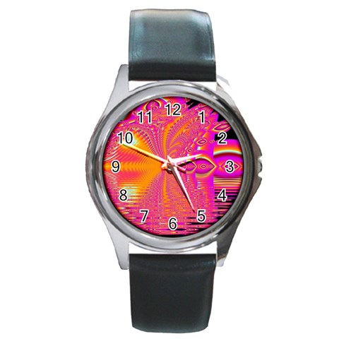 Magenta Boardwalk Carnival, Abstract Ocean Shimmer Round Leather Watch (Silver Rim) from ArtsNow.com Front