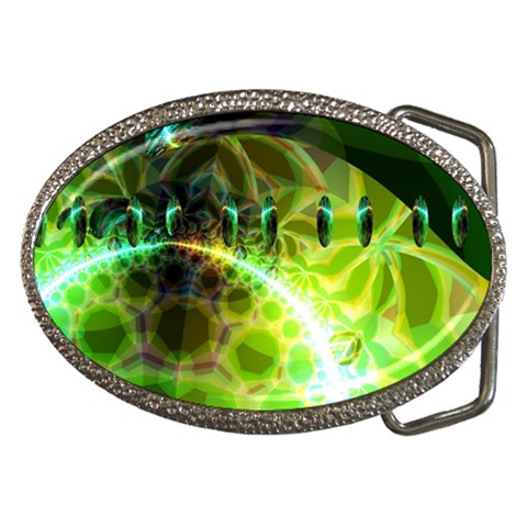 Dawn Of Time, Abstract Lime & Gold Emerge Belt Buckle (Oval) from ArtsNow.com Front