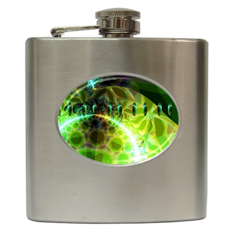 Dawn Of Time, Abstract Lime & Gold Emerge Hip Flask from ArtsNow.com Front