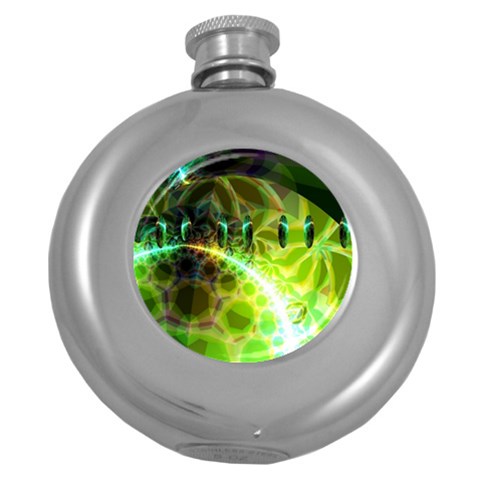 Dawn Of Time, Abstract Lime & Gold Emerge Hip Flask (Round) from ArtsNow.com Front