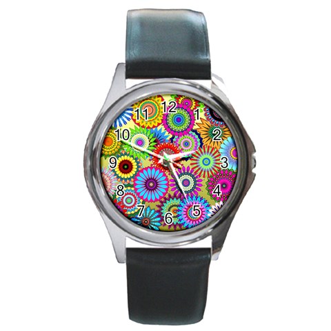 Psychedelic Flowers Round Leather Watch (Silver Rim) from ArtsNow.com Front