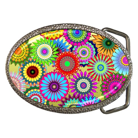 Psychedelic Flowers Belt Buckle (Oval) from ArtsNow.com Front