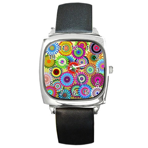 Psychedelic Flowers Square Leather Watch from ArtsNow.com Front