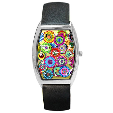 Psychedelic Flowers Tonneau Leather Watch from ArtsNow.com Front