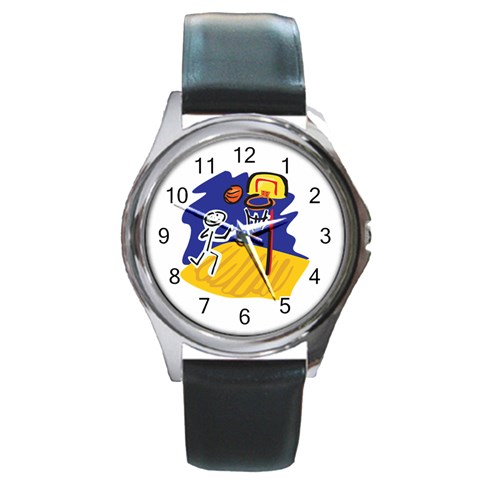 Basketball Stick Figure Round Metal Watch from ArtsNow.com Front