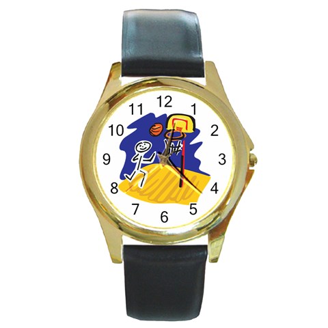 Basketball Stick Figure Round Gold Metal Watch from ArtsNow.com Front