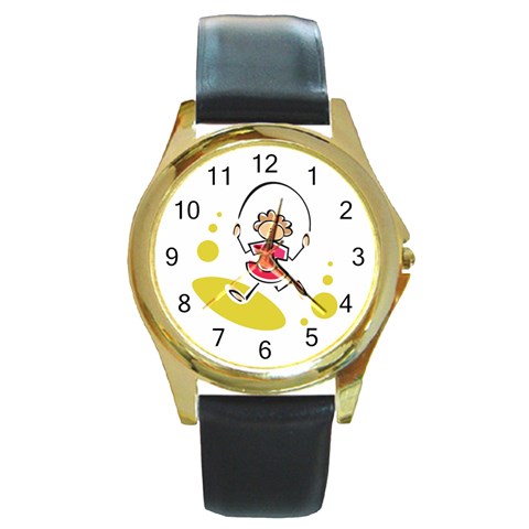 Girl Jumping Rope Round Gold Metal Watch from ArtsNow.com Front