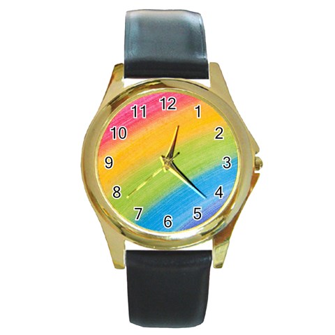 Acrylic Rainbow Round Leather Watch (Gold Rim)  from ArtsNow.com Front