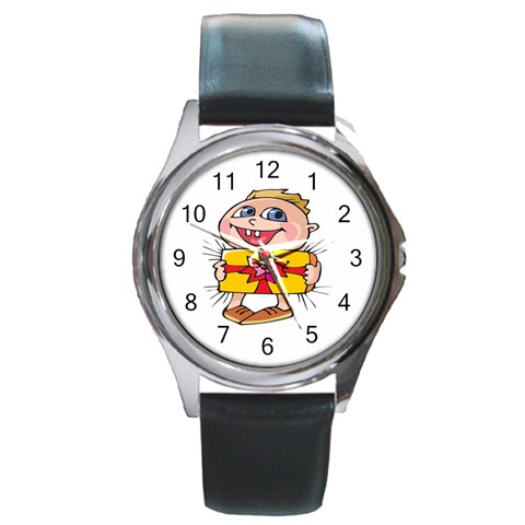 Happy Blue Eyed Boy Round Metal Watch from ArtsNow.com Front