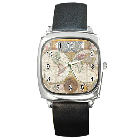 1794 World Map Square Leather Watch from ArtsNow.com Front