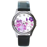 Floral Garden Round Leather Watch (Silver Rim)