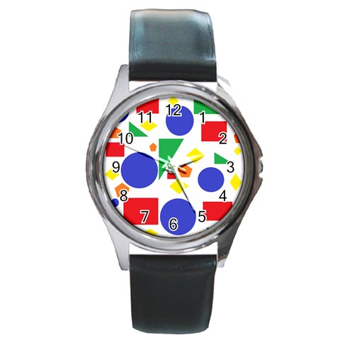 Random Geometrics Round Leather Watch (Silver Rim) from ArtsNow.com Front