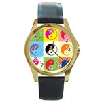 Ying Yang   Round Leather Watch (Gold Rim) 