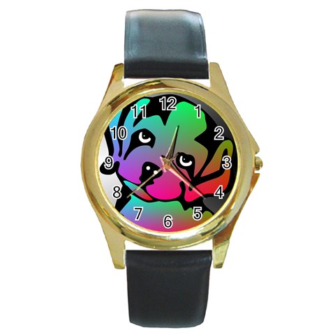 Dog Round Leather Watch (Gold Rim)  from ArtsNow.com Front