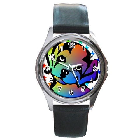 Dog Round Leather Watch (Silver Rim) from ArtsNow.com Front