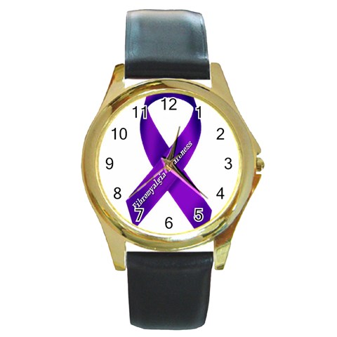 Fibro Awareness Ribbon Round Leather Watch (Gold Rim)  from ArtsNow.com Front