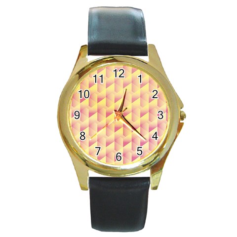 Geometric Pink & Yellow  Round Leather Watch (Gold Rim)  from ArtsNow.com Front