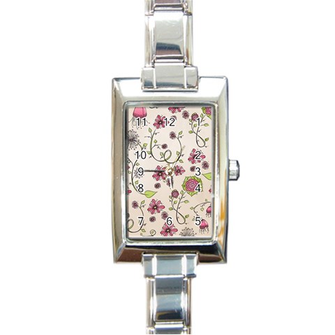 Pink Whimsical flowers on beige Rectangular Italian Charm Watch from ArtsNow.com Front