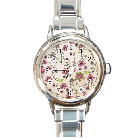 Pink Whimsical flowers on beige Round Italian Charm Watch from ArtsNow.com Front