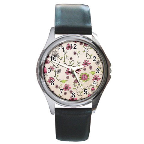 Pink Whimsical flowers on beige Round Leather Watch (Silver Rim) from ArtsNow.com Front