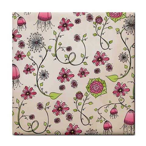 Pink Whimsical flowers on beige Ceramic Tile from ArtsNow.com Front