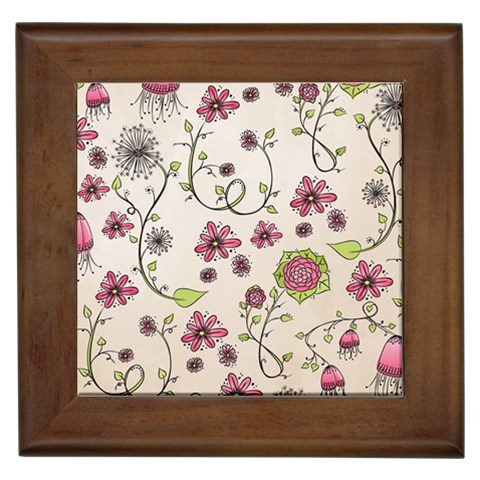 Pink Whimsical flowers on beige Framed Ceramic Tile from ArtsNow.com Front