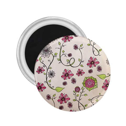 Pink Whimsical flowers on beige 2.25  Button Magnet from ArtsNow.com Front