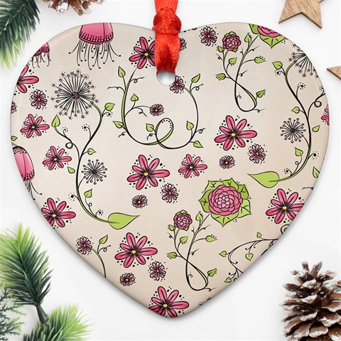 Pink Whimsical flowers on beige Heart Ornament from ArtsNow.com Front