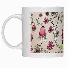 Pink Whimsical flowers on beige White Coffee Mug from ArtsNow.com Left