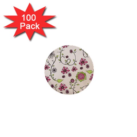 Pink Whimsical flowers on beige 1  Mini Button (100 pack) from ArtsNow.com Front