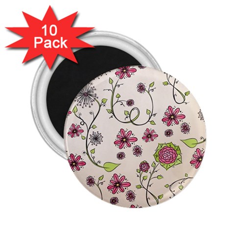 Pink Whimsical flowers on beige 2.25  Button Magnet (10 pack) from ArtsNow.com Front