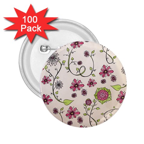 Pink Whimsical flowers on beige 2.25  Button (100 pack) from ArtsNow.com Front