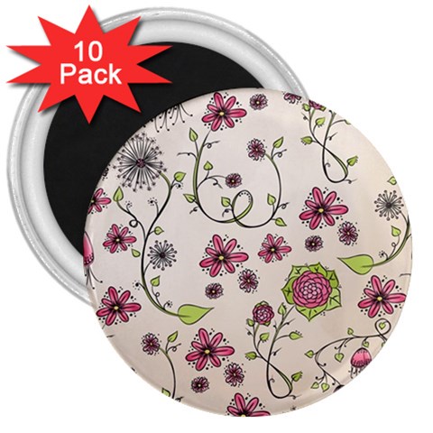 Pink Whimsical flowers on beige 3  Button Magnet (10 pack) from ArtsNow.com Front