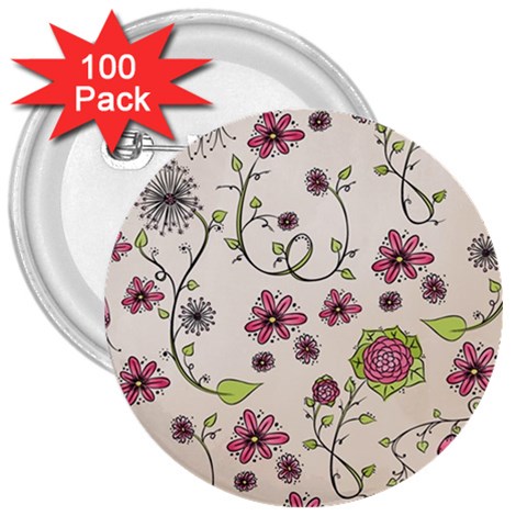 Pink Whimsical flowers on beige 3  Button (100 pack) from ArtsNow.com Front