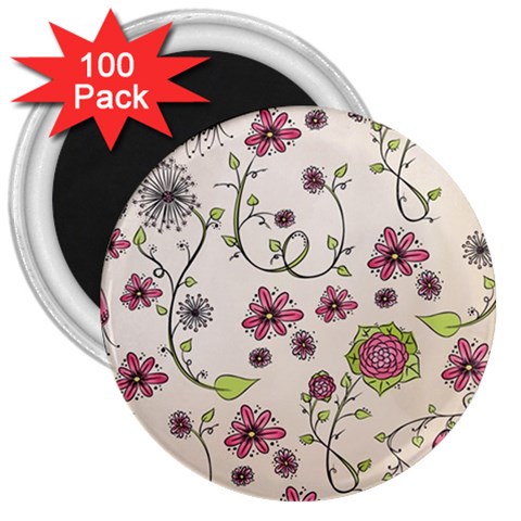 Pink Whimsical flowers on beige 3  Button Magnet (100 pack) from ArtsNow.com Front