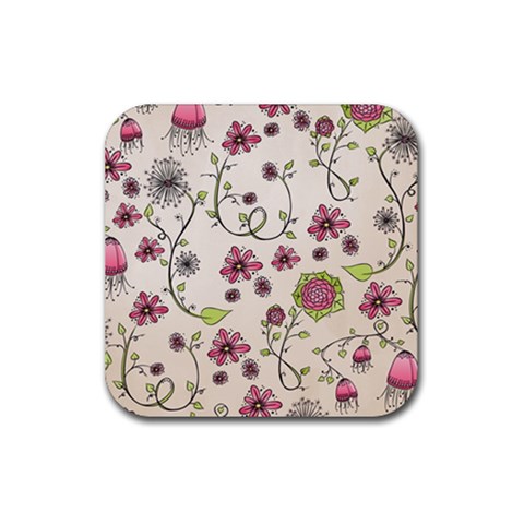 Pink Whimsical flowers on beige Drink Coaster (Square) from ArtsNow.com Front