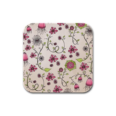 Pink Whimsical flowers on beige Drink Coasters 4 Pack (Square) from ArtsNow.com Front