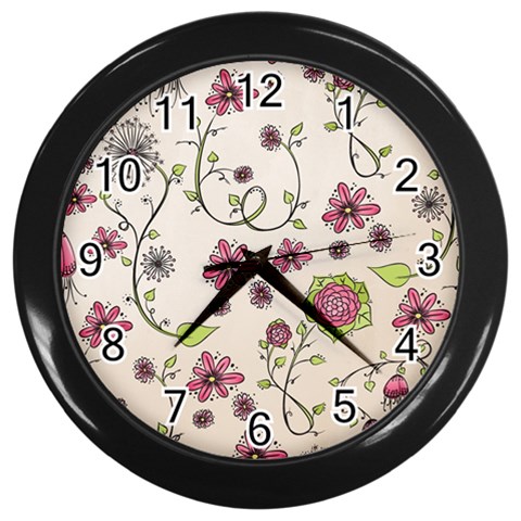 Pink Whimsical flowers on beige Wall Clock (Black) from ArtsNow.com Front