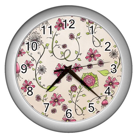 Pink Whimsical flowers on beige Wall Clock (Silver) from ArtsNow.com Front