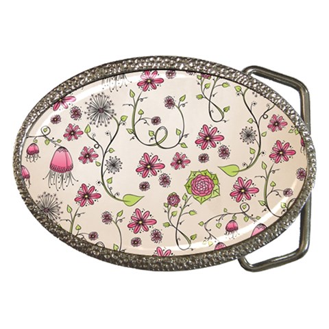 Pink Whimsical flowers on beige Belt Buckle (Oval) from ArtsNow.com Front