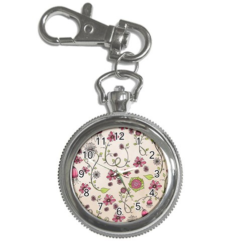 Pink Whimsical flowers on beige Key Chain Watch from ArtsNow.com Front