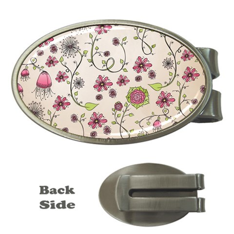 Pink Whimsical flowers on beige Money Clip (Oval) from ArtsNow.com Front