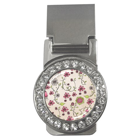 Pink Whimsical flowers on beige Money Clip (CZ) from ArtsNow.com Front